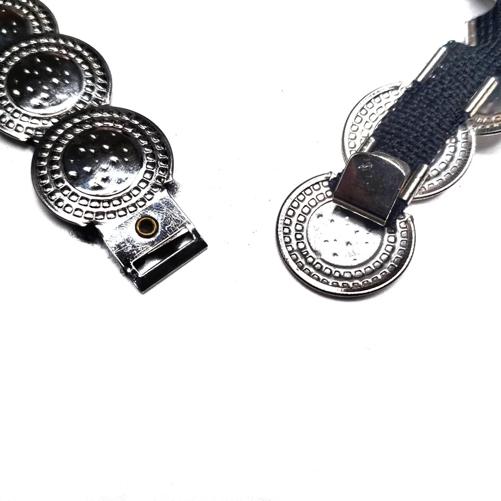 Vintage Medallion Coin Link Elastic Statement Belt In Silver Tone